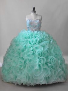 Apple Green Fabric With Rolling Flowers Lace Up 15 Quinceanera Dress Sleeveless Brush Train Beading