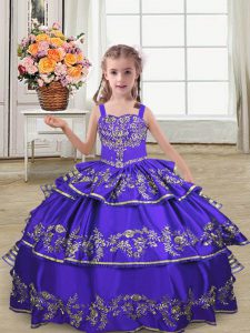 Enchanting Purple Ball Gowns Satin Straps Sleeveless Embroidery and Ruffled Layers Floor Length Lace Up Kids Formal Wear