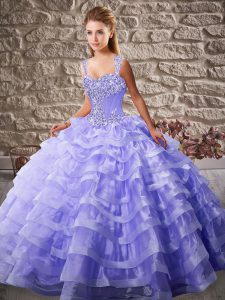 Glittering Lavender Sleeveless Court Train Beading and Ruffled Layers Sweet 16 Dress