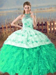 Nice Turquoise Ball Gowns Embroidery and Ruffles Quinceanera Dresses Lace Up Organza Sleeveless