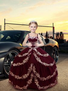 Most Popular Burgundy Satin Lace Up Pageant Dress for Teens Sleeveless Floor Length Embroidery