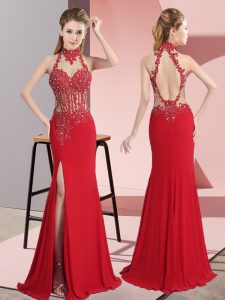 Lace and Appliques Formal Evening Gowns Red Backless Sleeveless Floor Length
