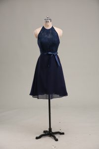 Adorable Sleeveless Mini Length Lace and Appliques Backless Prom Evening Gown with Navy Blue