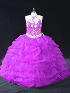 Purple Halter Top Backless Beading and Pick Ups Sweet 16 Dress Sleeveless