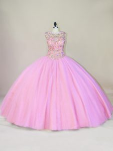 Eye-catching Pink Tulle Lace Up Vestidos de Quinceanera Sleeveless Beading