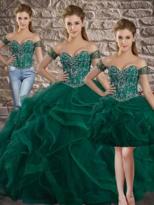Customized Lace Up Quinceanera Gown Green for Military Ball and Sweet 16 and Quinceanera with Beading and Ruffles Sweep 