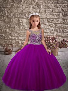 Cheap Scoop Sleeveless Sweep Train Lace Up Pageant Gowns For Girls Purple Tulle