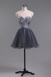Grey Tulle Zipper Dress for Prom Sleeveless Mini Length Beading