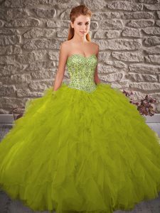 Artistic Olive Green Ball Gowns Tulle Sweetheart Sleeveless Beading and Ruffles Floor Length Lace Up Ball Gown Prom Dres