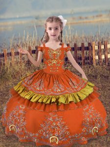Rust Red Off The Shoulder Lace Up Beading and Embroidery Kids Pageant Dress Sleeveless