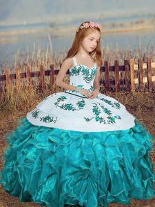 Aqua Blue Straps Lace Up Embroidery and Ruffles Kids Pageant Dress Sleeveless