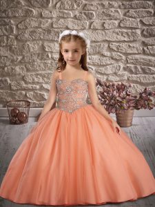 Peach Sleeveless Tulle Sweep Train Lace Up Little Girls Pageant Gowns for Wedding Party