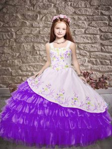 Nice White And Purple Organza Lace Up Kids Formal Wear Sleeveless Floor Length Embroidery and Ruffled Layers