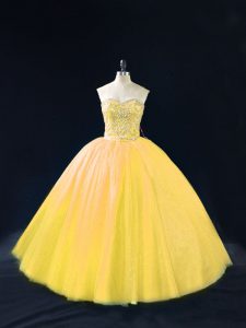 Sweetheart Sleeveless Quinceanera Gown Floor Length Beading Gold Tulle