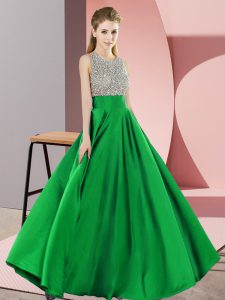 Chic Green Backless Scoop Beading Evening Dress Elastic Woven Satin Sleeveless