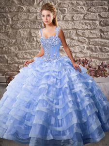 Lavender Ball Gowns Beading and Ruffled Layers Quinceanera Dress Lace Up Organza Sleeveless
