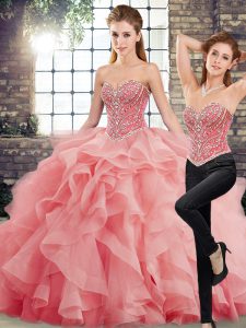 Elegant Watermelon Red Sweetheart Neckline Beading and Ruffles 15 Quinceanera Dress Sleeveless Lace Up