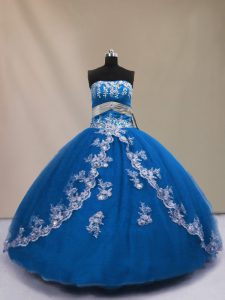 Romantic Blue Lace Up Strapless Appliques Quince Ball Gowns Tulle Sleeveless