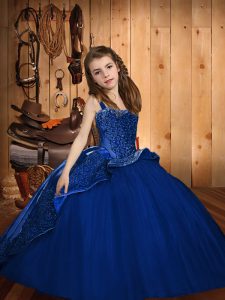 Eye-catching Sleeveless Tulle Floor Length Lace Up Girls Pageant Dresses in Royal Blue with Beading and Appliques