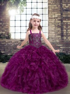 Floor Length Lace Up Little Girls Pageant Dress Wholesale Fuchsia for Party and Wedding Party with Beading and Ruffles