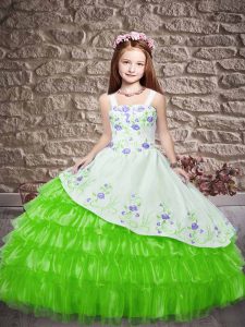 Fashion Multi-color Straps Lace Up Embroidery and Ruffled Layers Child Pageant Dress Sleeveless