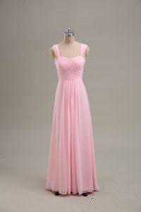 Customized Straps Sleeveless Evening Dress Floor Length Ruching Baby Pink Chiffon