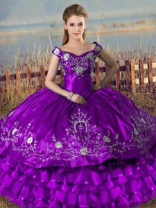 Fancy Satin and Organza Off The Shoulder Sleeveless Lace Up Embroidery and Ruffled Layers Ball Gown Prom Dress in Purple