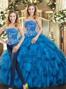 Suitable Tulle Strapless Sleeveless Lace Up Beading and Ruffles Quinceanera Gowns in Blue
