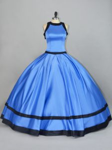 Sleeveless Satin Floor Length Lace Up Quinceanera Dresses in Blue with Ruching