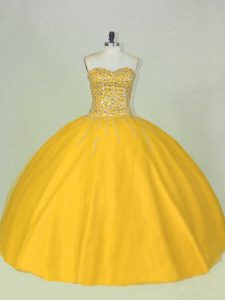 Cheap Gold Scoop Neckline Beading Ball Gown Prom Dress Sleeveless Lace Up
