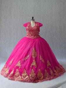 Hot Pink Sleeveless Court Train Appliques Quinceanera Dress