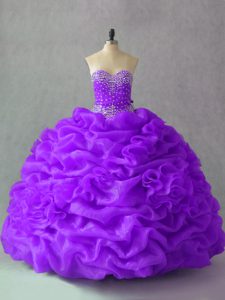 Decent Purple Ball Gowns Beading and Pick Ups and Hand Made Flower Quince Ball Gowns Lace Up Organza Sleeveless Floor Le