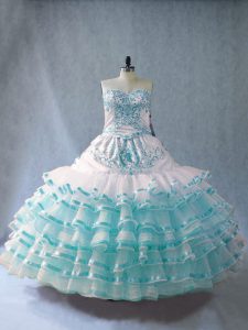 Sweetheart Sleeveless Vestidos de Quinceanera Floor Length Embroidery and Ruffled Layers Blue And White Organza