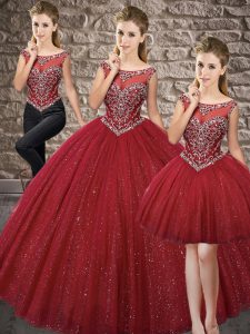 Edgy Sleeveless Tulle Floor Length Zipper 15th Birthday Dress in Wine Red with Beading