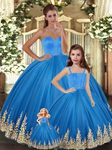 Admirable Blue Lace Up Sweetheart Embroidery Quinceanera Dresses Tulle Sleeveless