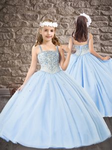 Fashion Light Blue Straps Lace Up Beading and Appliques Pageant Dresses Sleeveless