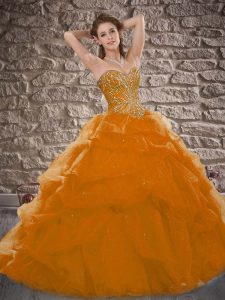 Fantastic Ball Gowns Sleeveless Orange Red 15th Birthday Dress Brush Train Lace Up