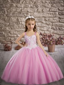 Amazing Ball Gowns Sleeveless Rose Pink Kids Pageant Dress Sweep Train Lace Up