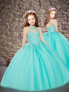 Attractive Aqua Blue Halter Top Neckline Appliques Little Girls Pageant Gowns Sleeveless Lace Up