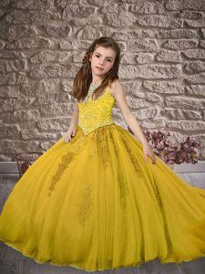 Gold Tulle Zipper Little Girls Pageant Dress Sleeveless Brush Train Beading and Appliques