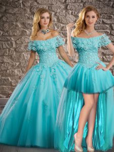 Enchanting Aqua Blue Tulle Lace Up Sweet 16 Quinceanera Dress Short Sleeves Brush Train Lace and Appliques