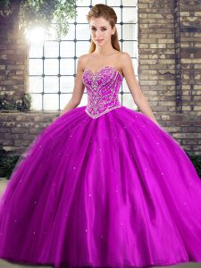 Admirable Beading Sweet 16 Quinceanera Dress Purple Lace Up Sleeveless Brush Train