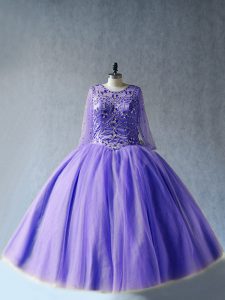 Extravagant Lavender Long Sleeves Tulle Lace Up Quinceanera Gown for Sweet 16 and Quinceanera
