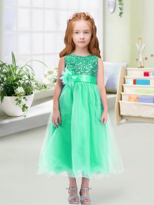 Sleeveless Tea Length Sequins and Hand Made Flower Zipper Flower Girl Dresses for Less with Turquoise