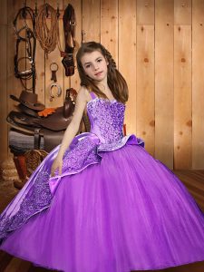 Custom Designed Tulle Straps Sleeveless Lace Up Beading and Appliques Girls Pageant Dresses in Lavender