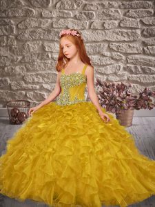 Best Straps Sleeveless Organza Little Girls Pageant Gowns Beading and Ruffles Sweep Train Lace Up