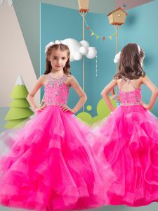 Excellent Hot Pink Zipper Halter Top Beading and Ruffles Kids Pageant Dress Tulle Sleeveless
