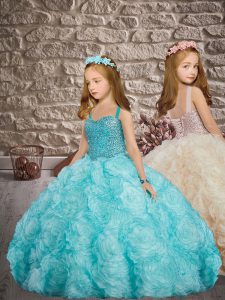 Super Straps Sleeveless Sweep Train Lace Up Little Girl Pageant Gowns Aqua Blue Fabric With Rolling Flowers