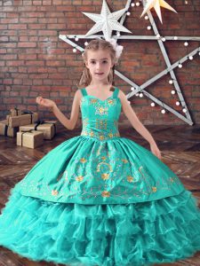 Graceful Turquoise Lace Up Child Pageant Dress Embroidery and Ruffled Layers Sleeveless Floor Length