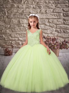 Yellow Green Little Girls Pageant Dress Wholesale Wedding Party with Beading V-neck Sleeveless Sweep Train Zipper